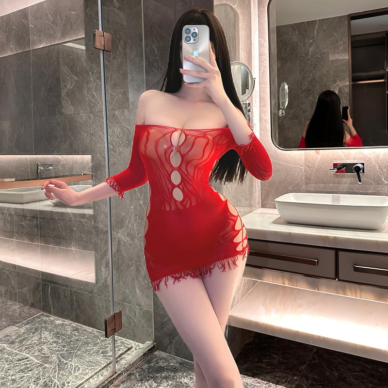 Lingerie, Long-Sleeved See-Through Hip-Covering Short Skirt, Transparent One-Shoulder Open Mesh Dress, Passionate No-Take-Off - Image 3